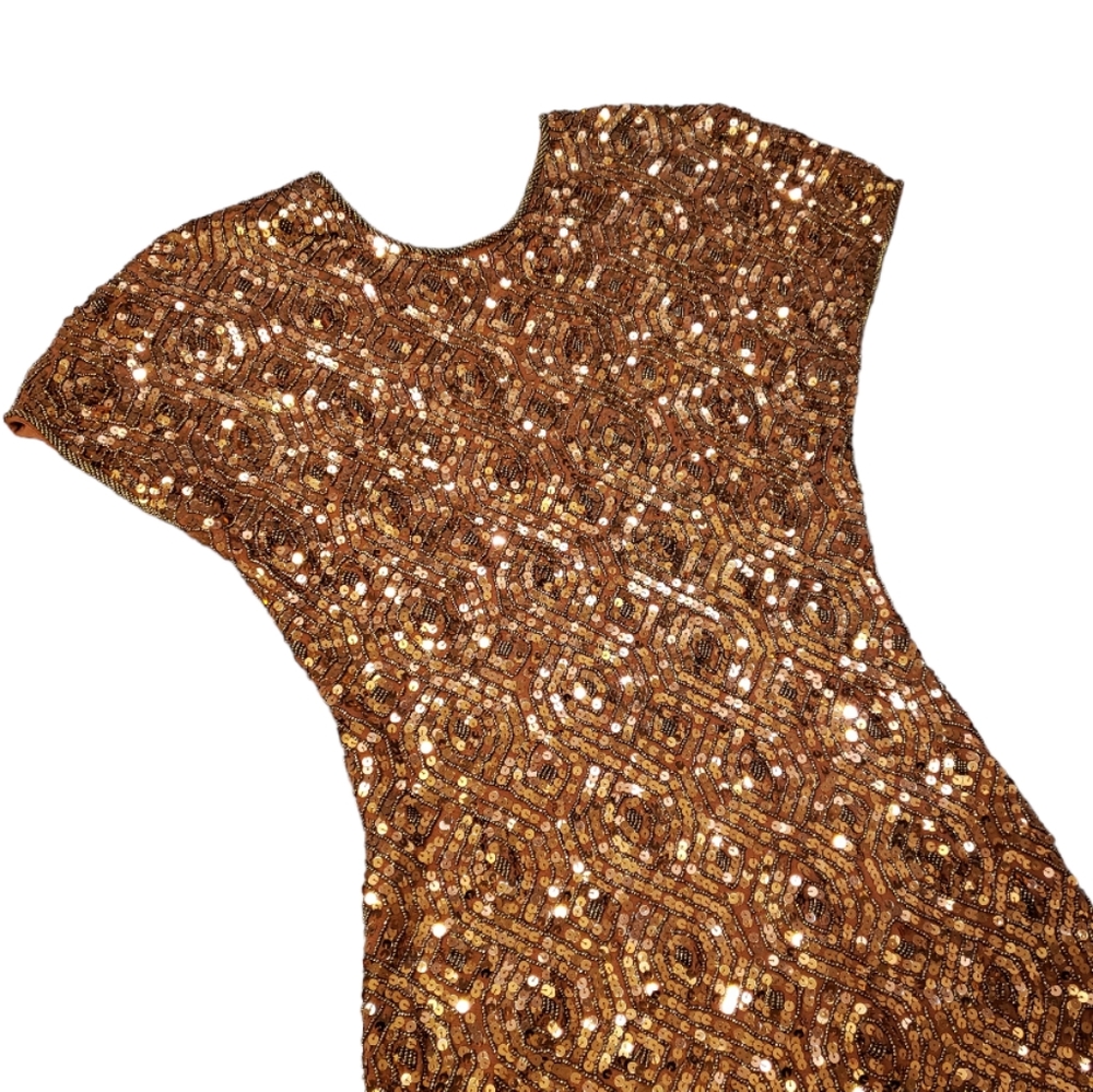 Carmen Marc Valvo Vintage Copper Sequin Sheath Dress - Picture 3 of 9